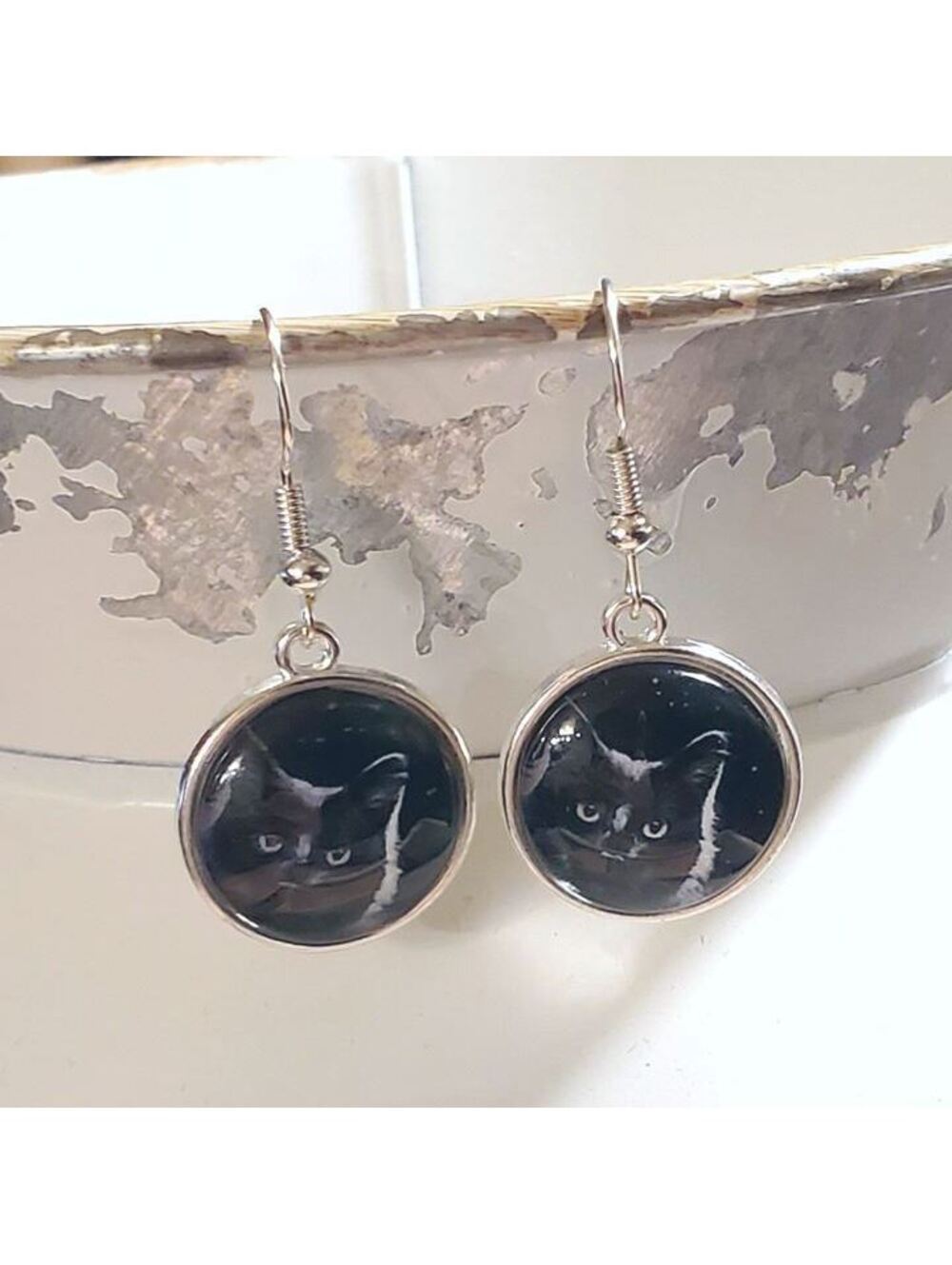 Black Cat Night Sky Silver Plated Glass Cabochon Kitty Kitten Dangle Earrings - Picture 2 of 6